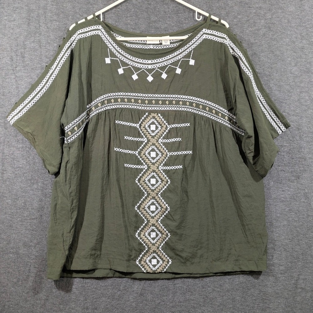 Westbound Green White Embroidered Short Sleeve Boho Peasant Blouse Size XL